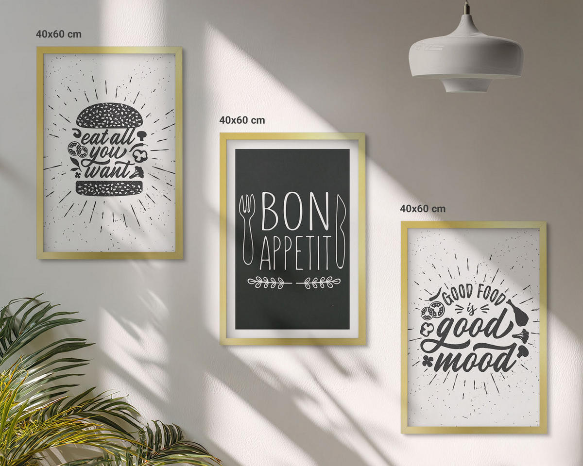 WANDBILDER 3er Set - 40x60 cm Goldrahmen - Grafiken, Lebensmittel, kulinarische Slogans - Goldfarben, Kunststoff (40/60cm) - ArtPrintCave
