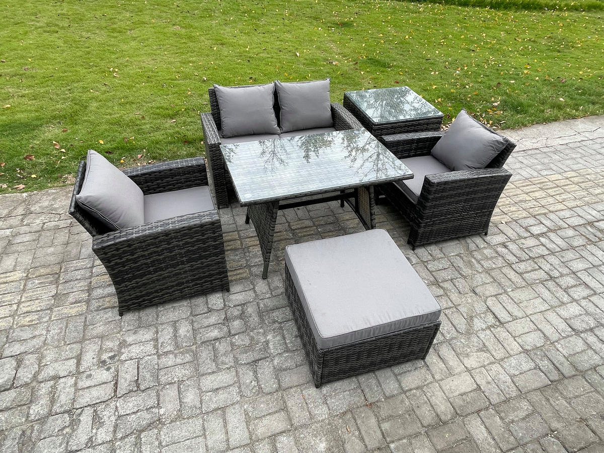 GARTENMÖBELSET mit ESSTISCH,HOCHLEHNER-SOFA Polyrattan Dunkelgrauer Mix 5-Sitzer - Dunkelgrau/Grau, Glas/Kunststoff - Fimous