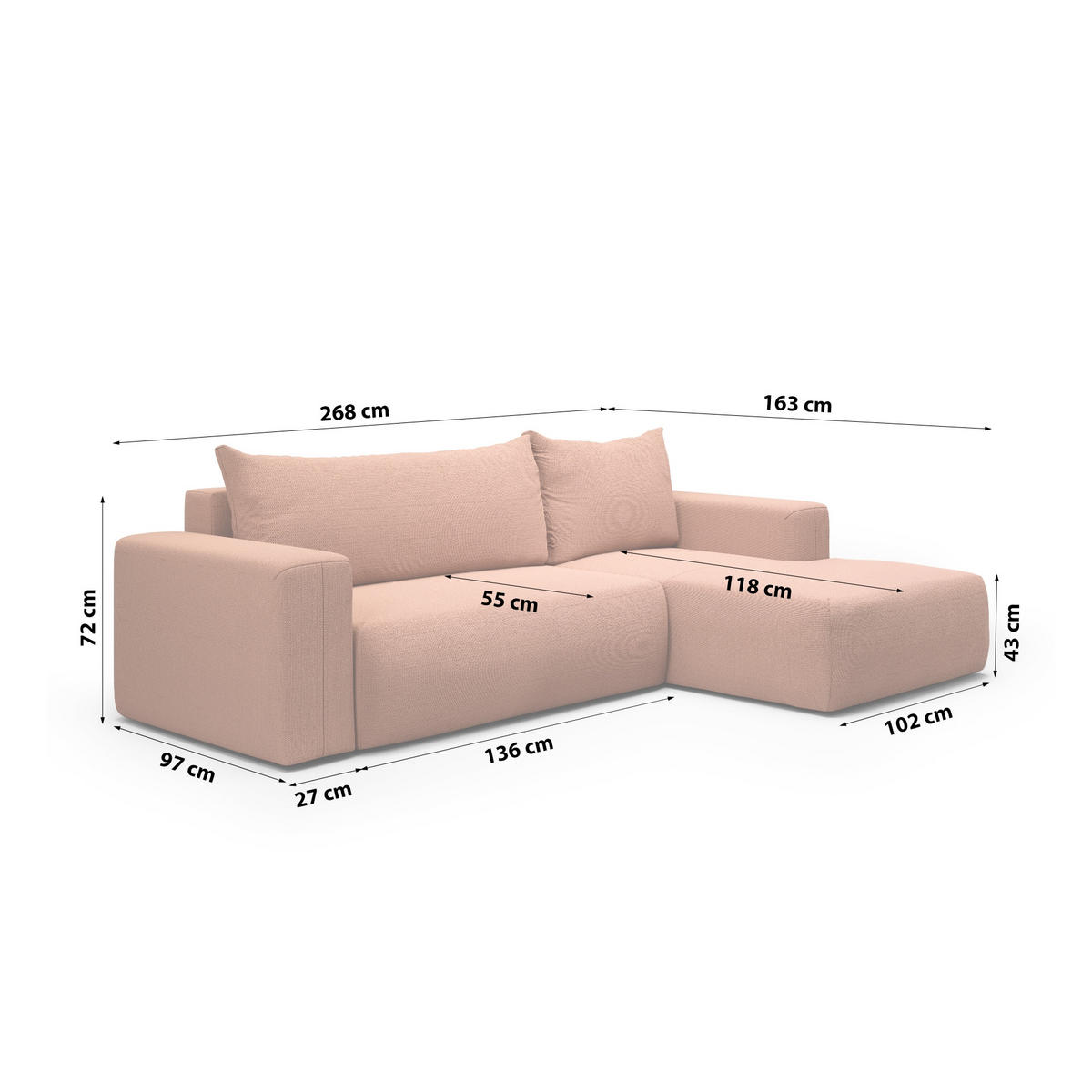 ECKSOFA aus Polyester Revolto L 6 Sitzer, Orange (Aragon 56) - Orange, Textil (268/163cm) - Meblito