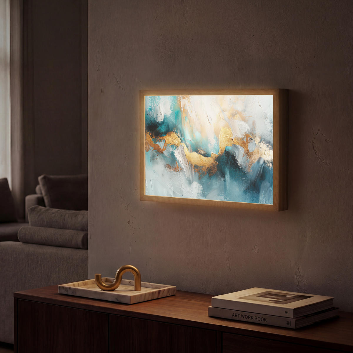 NÁSTĚNNÁ LAMPA S AKUMULÁTOREM Abstraktní - umění - zlatá - modrá 40x30 cm - tyrkysová, kompozitní dřevo (40/30/8cm) - OnlyWow