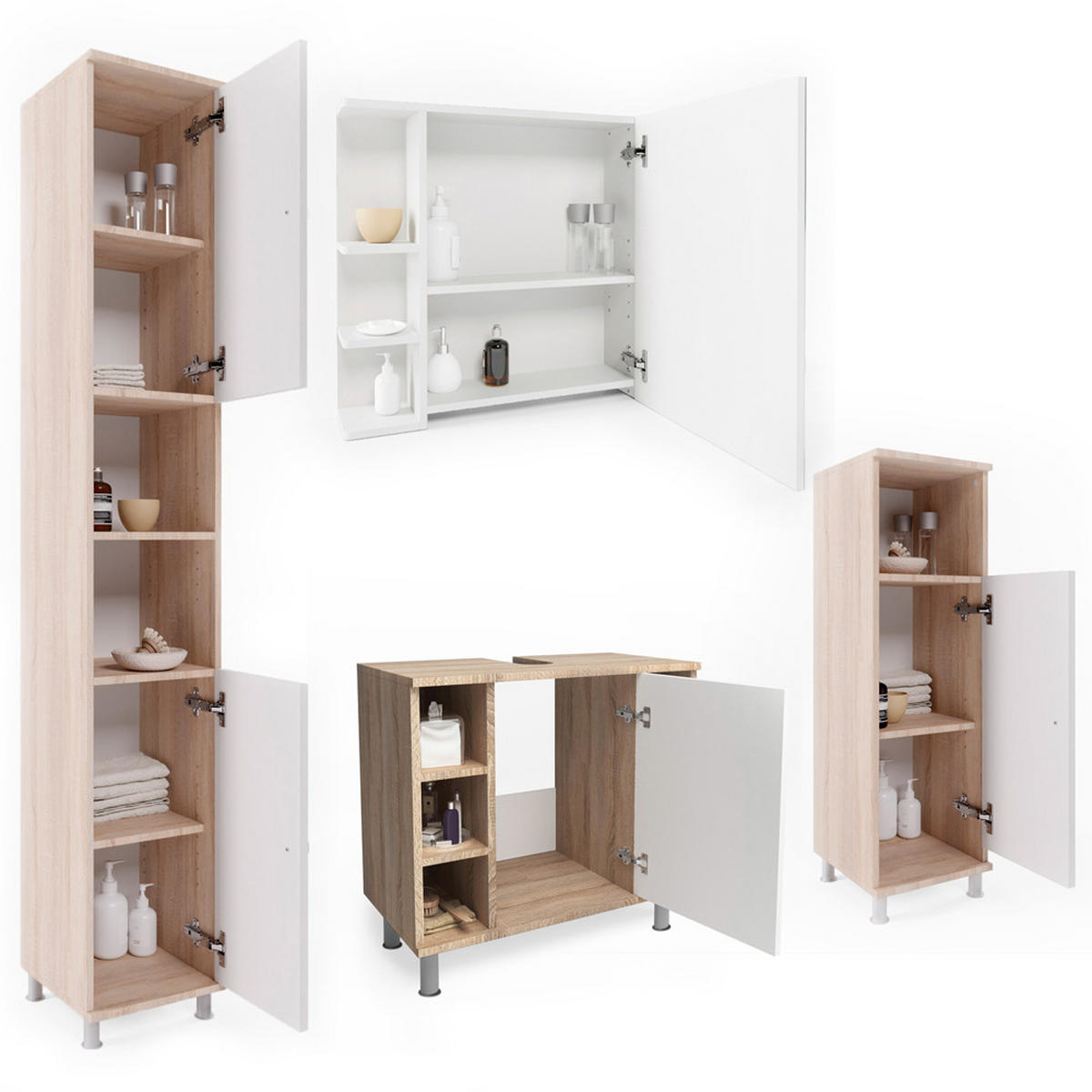 BADMÖBEL-SET Fynn Sonoma/Weiß 4 Teile - Weiß/Sonoma Eiche, Holzwerkstoff (60/54/32cm) - Vicco