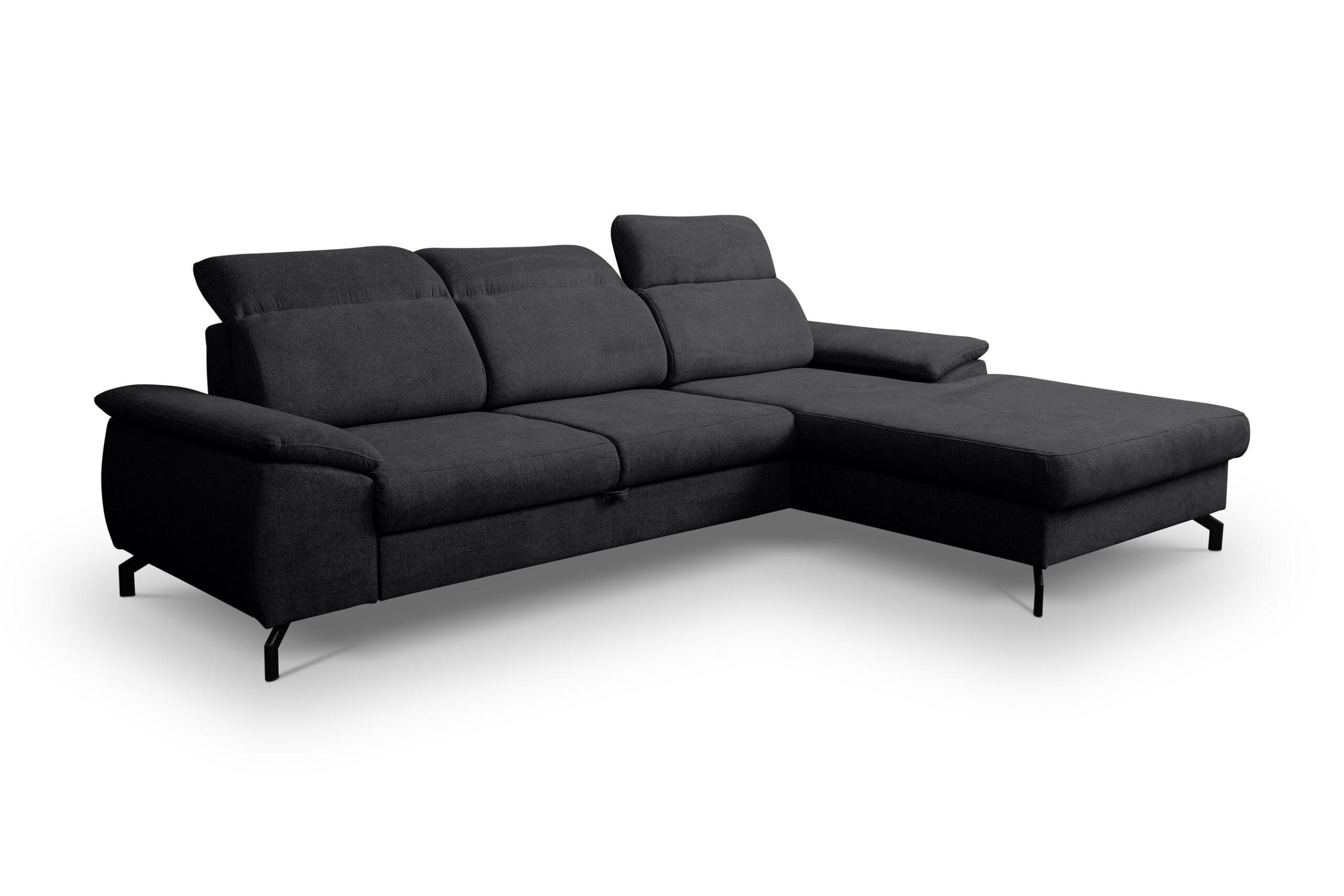 ECKSOFA MALIBU mit Schlaffunktion und Bettkasten, Farbe: Schwarz, Velourstoff, Ottomane Rechts - Schwarz, Textil (276/184cm) - VENASI MÖBEL