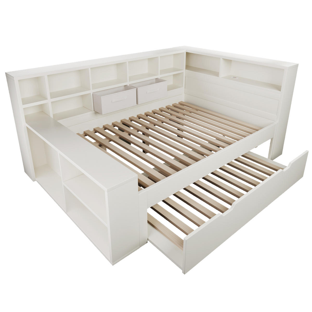 STAURAUMBETT aus Kiefernholz und Spanplatte 140x200 cm Weiß mit Ausziehbett, 8 Staufächern und USB-/Type-C-Anschlüssen - Weiß, Holz (140/200cm) - IVMEU