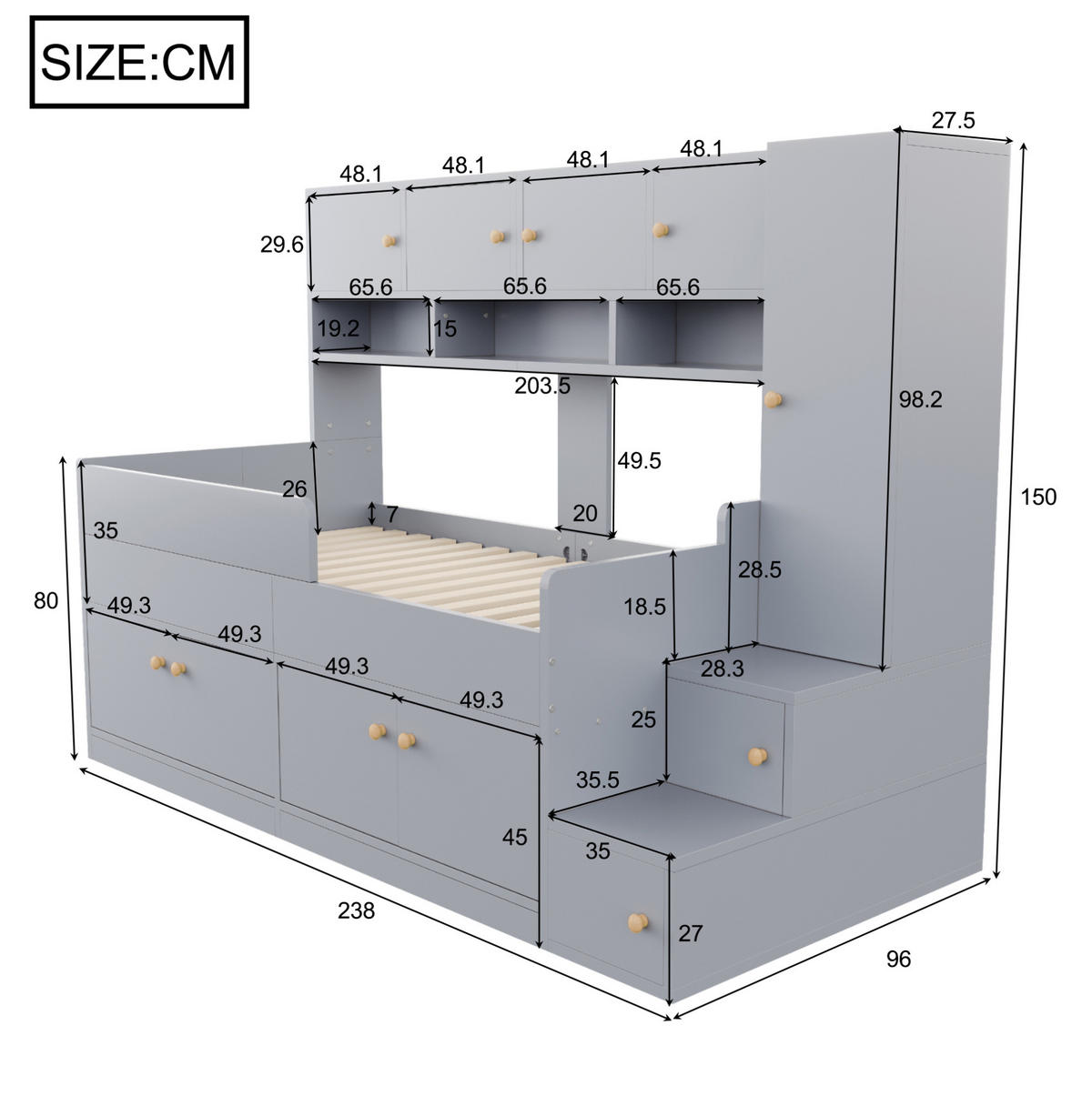 KINDERBETT Holz 90x200 cm Grau mit Stauraum, Leiter, Kleiderschrank und LED-Beleuchtung - Grau, Holz (90/200cm) - Modfu