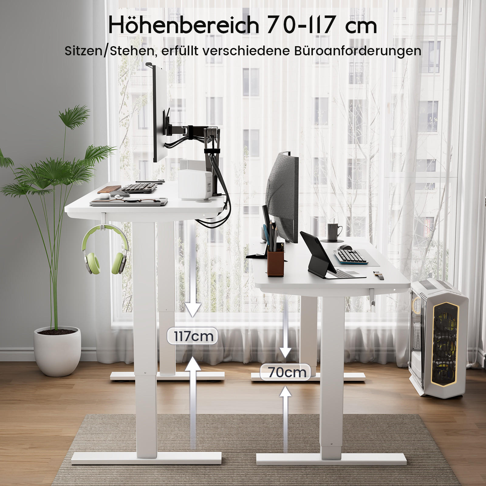 SCHREIBTISCH elektrisch höhenverstellbar 60 x 140 cm, mit Memory- und Kollisionsschutzfunktion - Weiß, Metall (140/60/117cm) - HOMAVO