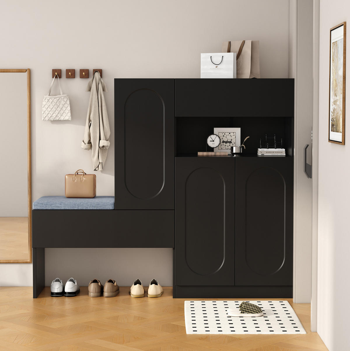 SCHUHSCHRANK mit Sitzbank 130 x 35 x 110 cm Schwarz - Schwarz, Holzwerkstoff (35/110/130cm) - Beauniv