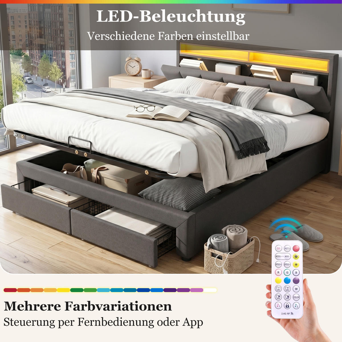 POLSTERBETT 180/200 cm in Dunkelgrau mit LED, Stauraum und Leinenbezug - Grau, Holzwerkstoff/Textil (180/200cm) - STILVORA