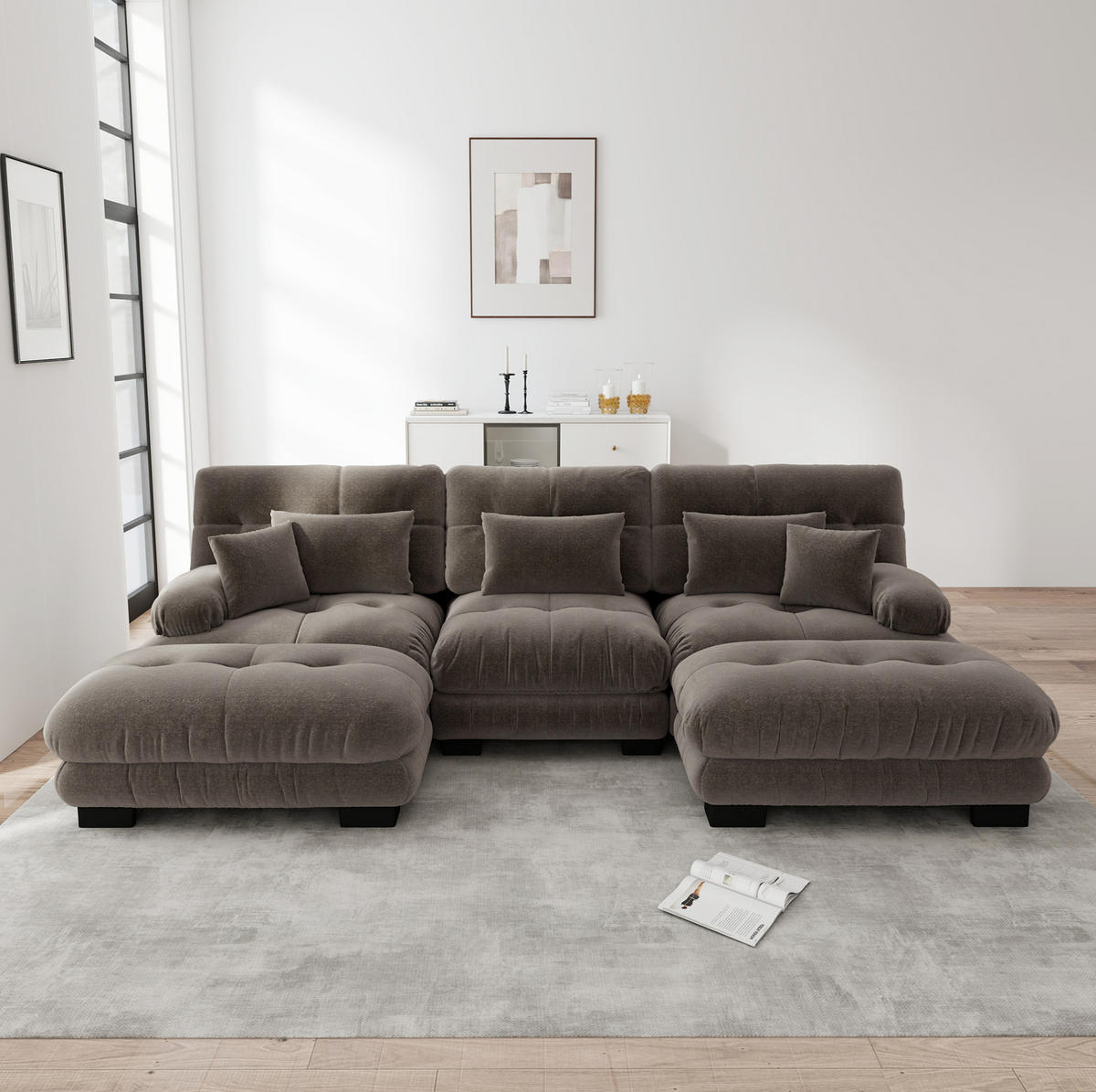WOHNLANDSCHAFT aus Chenille in Braun mit Ottomanen modular - Braun, Textil (145/81/313cm) - Modfu