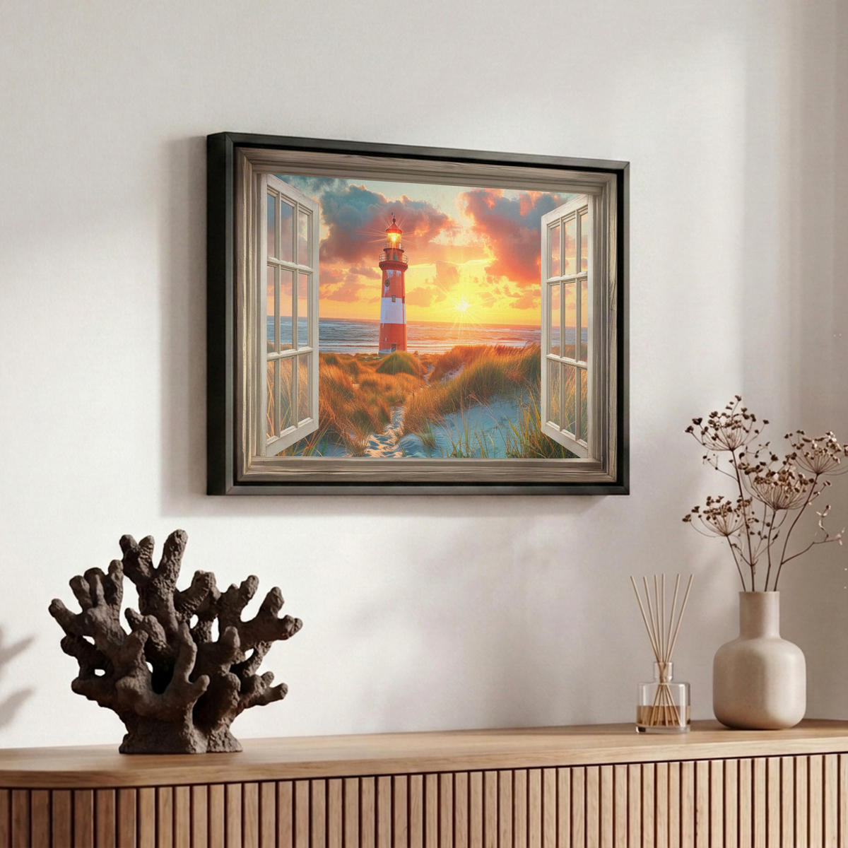 LEINWAND Bilder mit Rahmen - Aussicht - Fenster - Leuchtturm - Sonnenuntergang - Strand - 30x20 - Dunkelorange, Textil (30/20cm) - MuchoWow