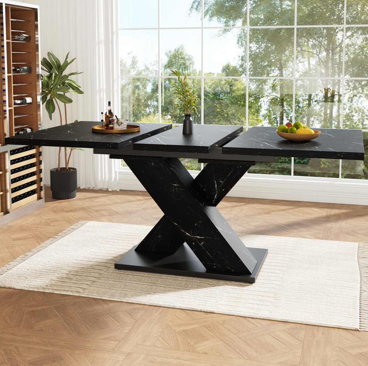 ESSTISCH 119,5-158,5/80/75 cm aus MDF ausziehbar mit X-Gestell und Marmoroptik, Schwarz - Schwarz, Holzwerkstoff (119/80/75cm) - Redom