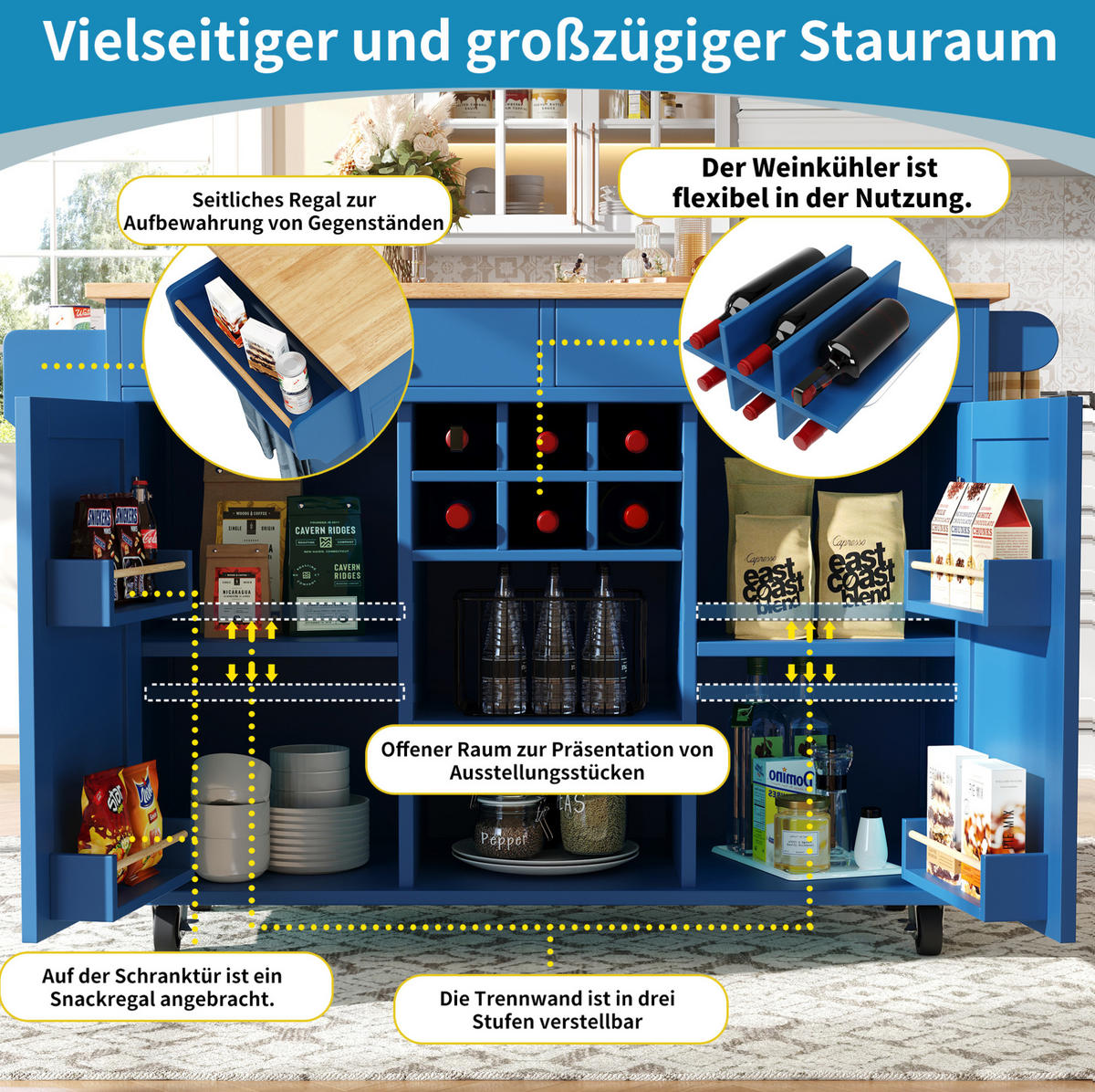 KÜCHENINSEL 102/45/92 cm blau aus MDF/Metall mit Rollen - Blau, Holzwerkstoff (102/92/45cm) - OKWISH