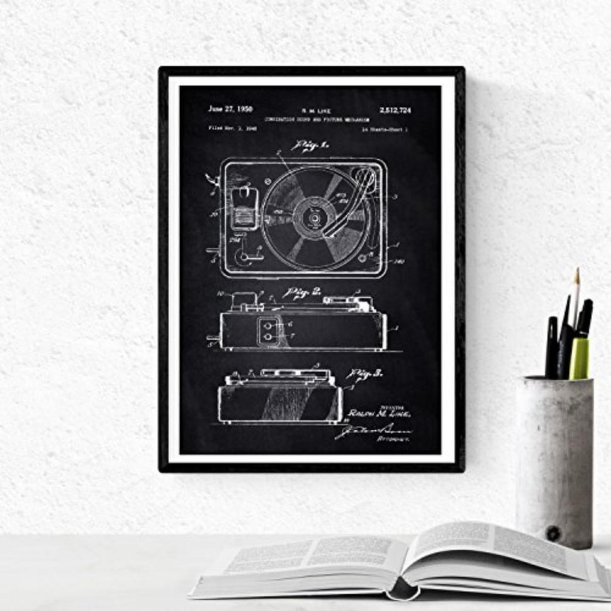POSTER Set mit 4 Schwarz Drehscheibe Patenten A4 Schwarzer Rahmen - Schwarz, Papier (29.7/3cm) - Nacnic