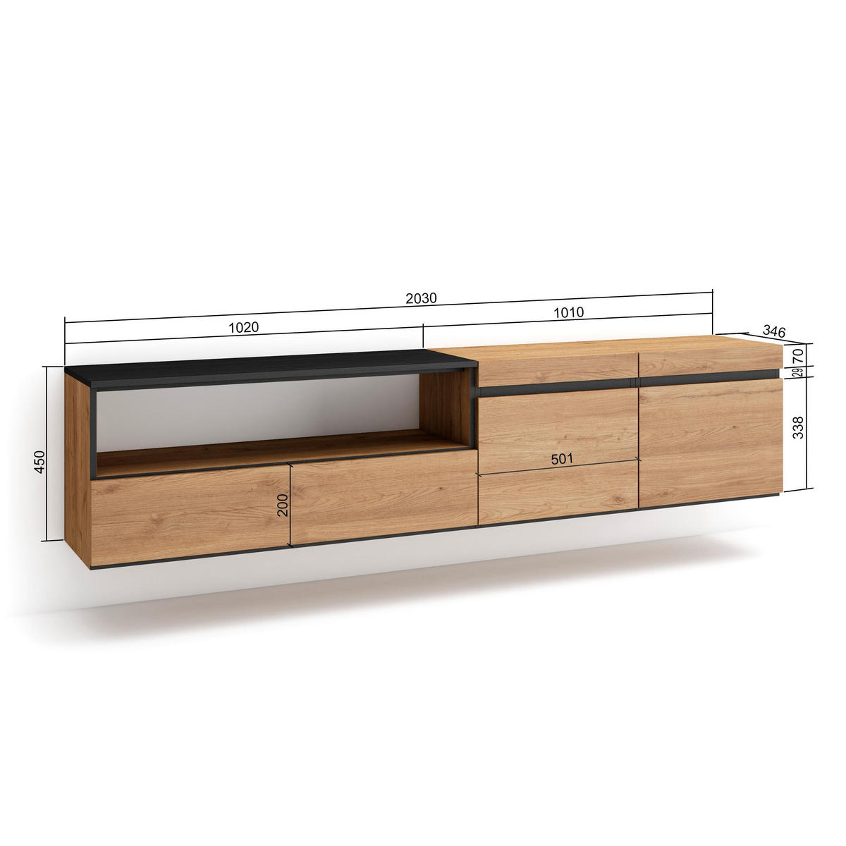 LOWBOARD Hängend, eiche, schwarz, 200/35/45cm - Naturfarben, Holzwerkstoff (200/45/35cm) - Skraut Home