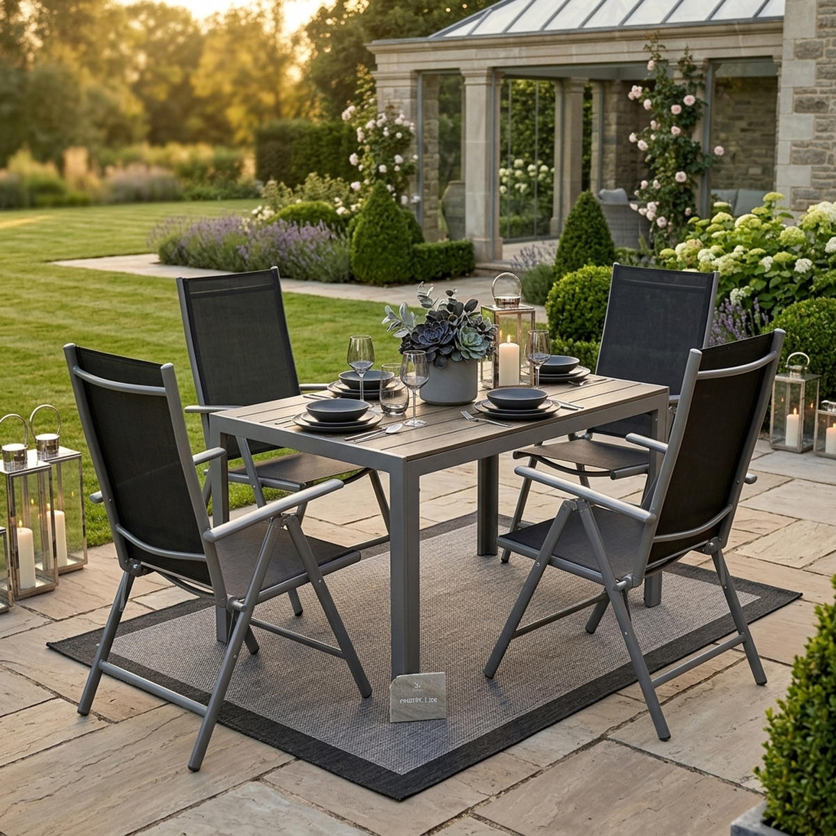 GARTEN-GARNITUR Ashford - 5-tlg. (4x Klappsessel mit Armlehnen, 1x Tisch 125x70cm), Gestelle aus Aluminium grau - Schwarz, Metall - TPFGarden