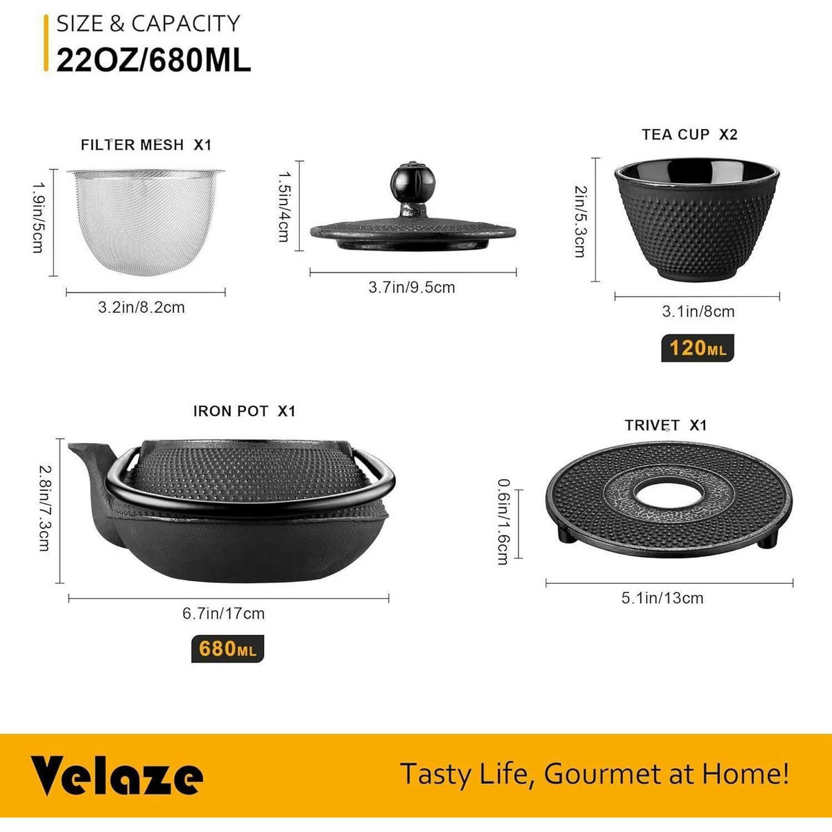TEEKANNE mit Sieb 680ML Gusseisen Japanisch 3-teiliges Set - Schwarz, Metall (18/8cm)