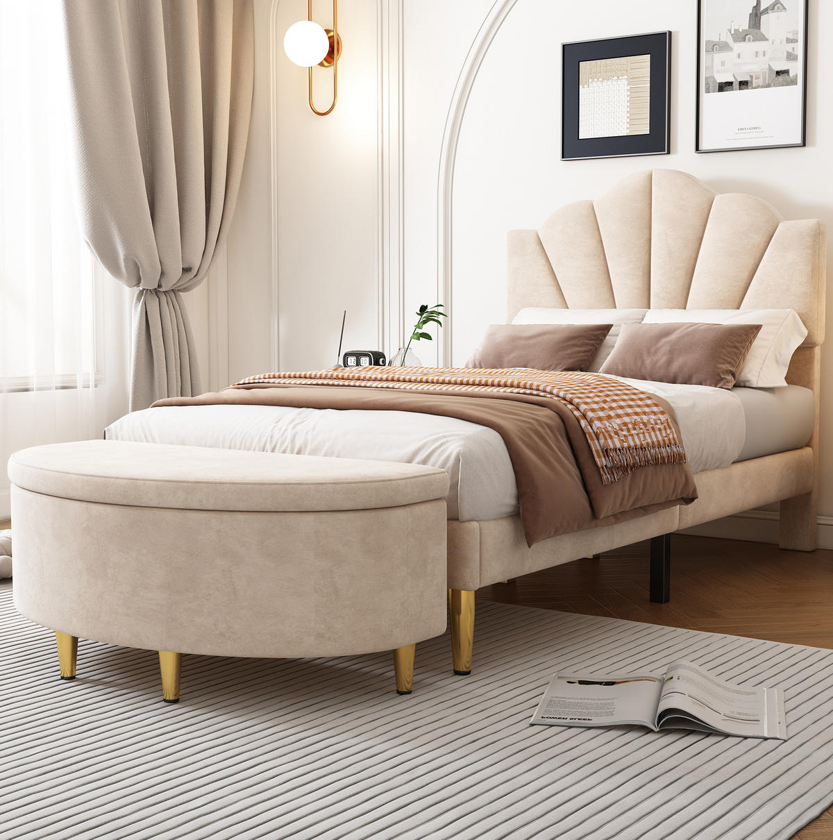 POLSTERBETT 90/200 cm Beige aus Samt mit verstellbarem Kopfteil - Beige, Textil (90/200cm) - Flora Grace