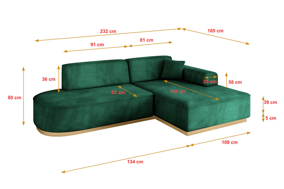 ECKSOFA Ottomane Rechts IREA-L1-v2 - 232x165x80 cm Grün - Dunkelgrün, Holzwerkstoff/Textil (232/165cm) - ALTDECOR