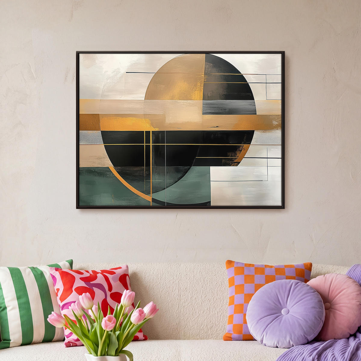 LEINWAND Bilder mit Rahmen - Abstrakt - Gold - Bronze - Grün - Formen - Modern - 70x50 - Multicolor, Textil (70/50cm) - MuchoWow
