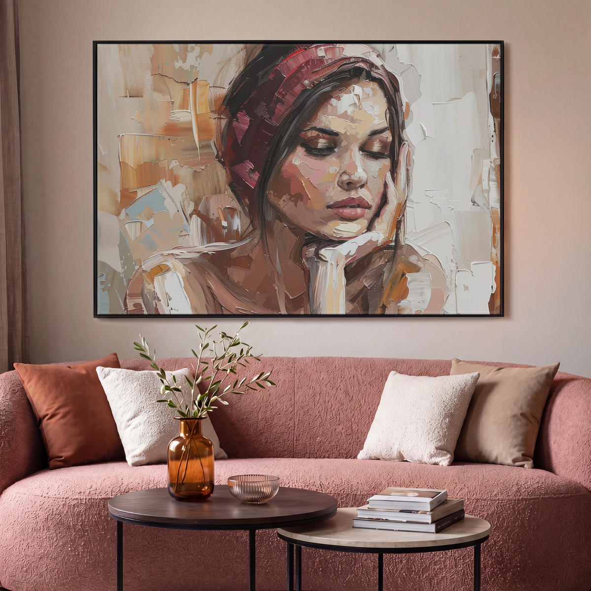 LEINWAND Bilder mit Rahmen - Frau - Lackierung - Porträt - Modern - 120x80 - Altrosa, Textil (120/80cm) - MuchoWow