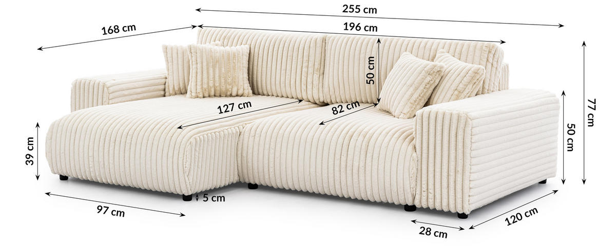 ECKSOFA Mollis Hellbeige Plüschcord - Ottomane Links - Beige/Schwarz, Holz/Kunststoff (255/168cm) - S-Style Möbel