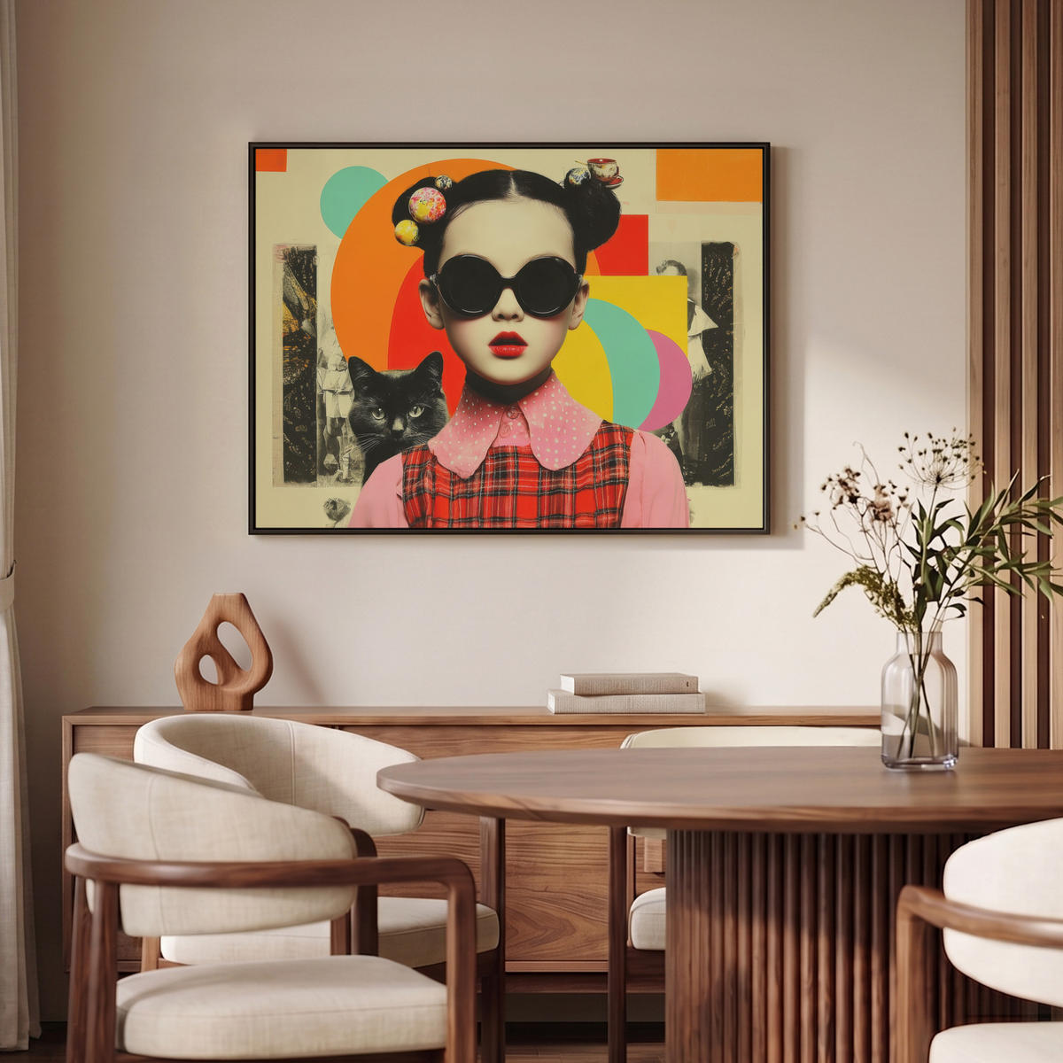 LEINWAND Bilder mit Rahmen - Mädchen - Sonnenbrille - Katze - Retro - 100x70 - Beige, Textil (100/70cm) - MuchoWow