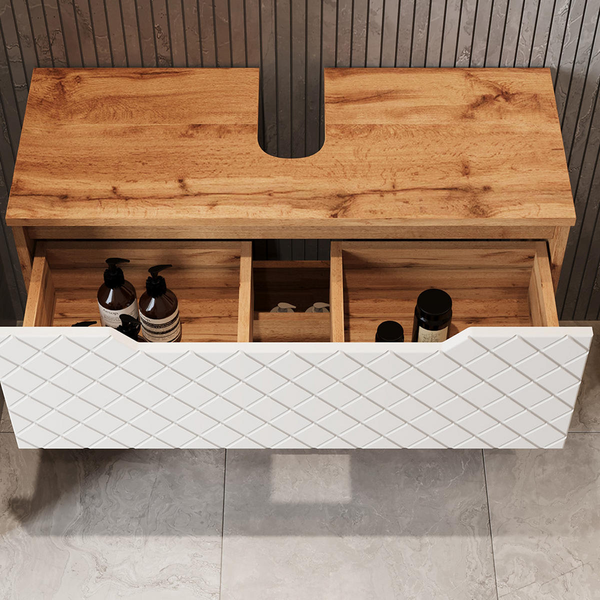 BADMÖBEL-SET Lotta Eiche/Weiß mit Kachelstruktur 4 Teile - Eichefarben/Weiß, Holzwerkstoff (79.6/62.5/32cm) - Vicco