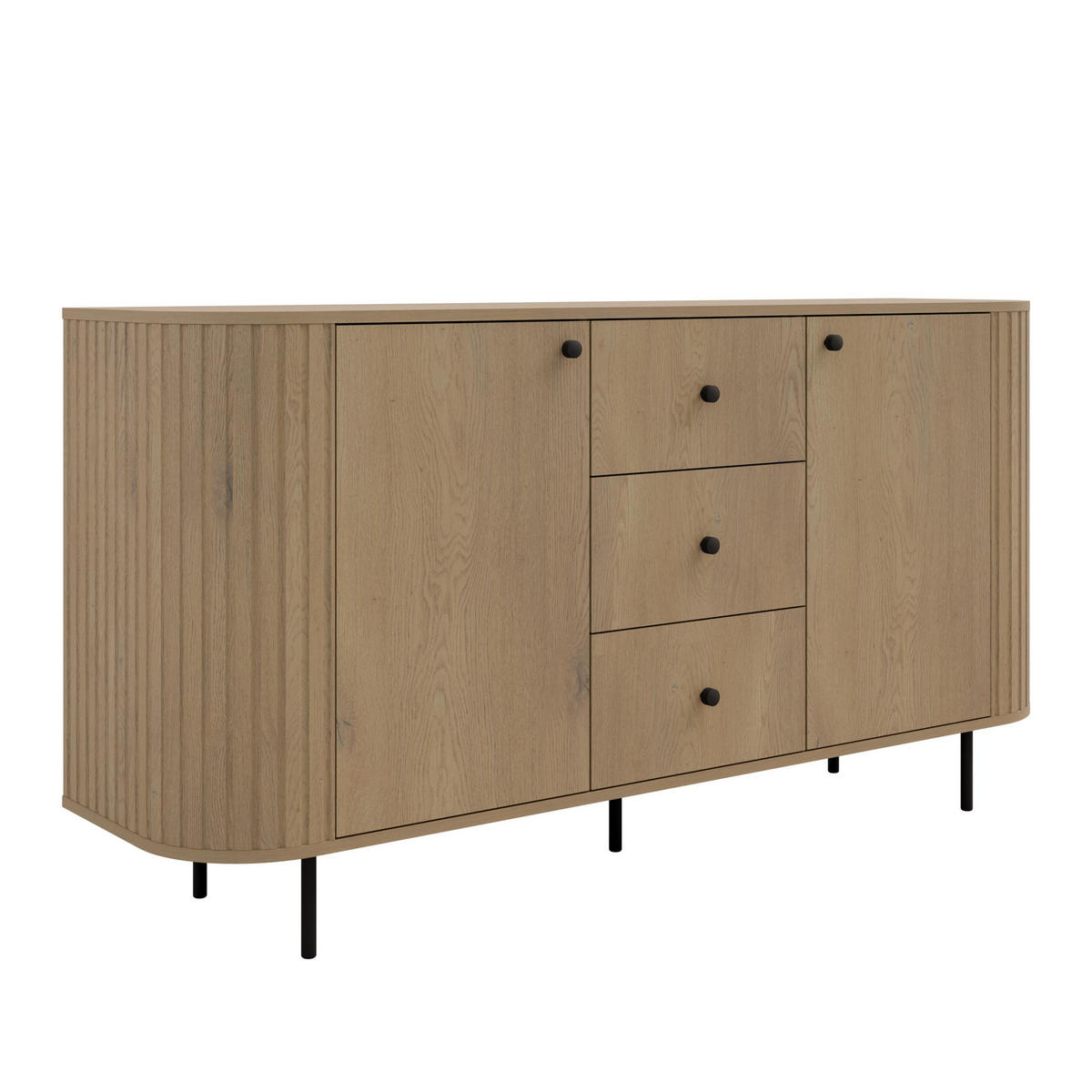 SIDEBOARD Halay Eiche Cremona 2 Türen & 3 Schubladen Moderne Rillenstruktur 164,6 cm - Eichefarben/Schwarz, Holzwerkstoff/Metall (164.6/85.4/42.3cm) - AX Living