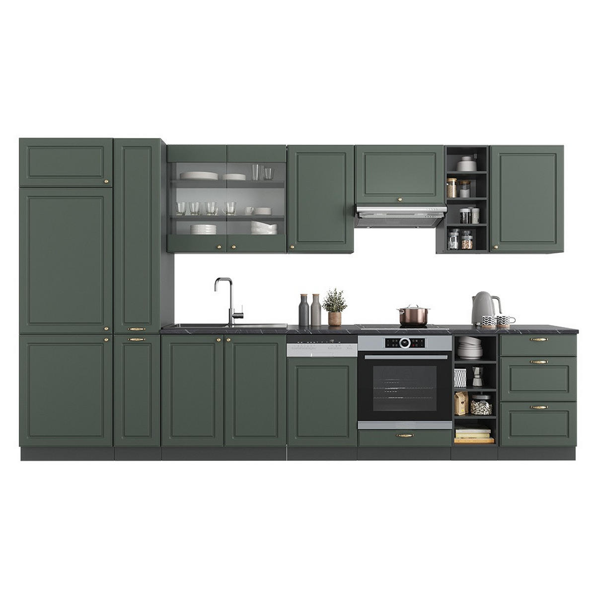 KUHINJA Fame-Line Zeleno-zlato Country House/Anthracite 355 cm , DP Hrast - zelena/antracit, leseni material (355/206.8/60cm) - Vicco