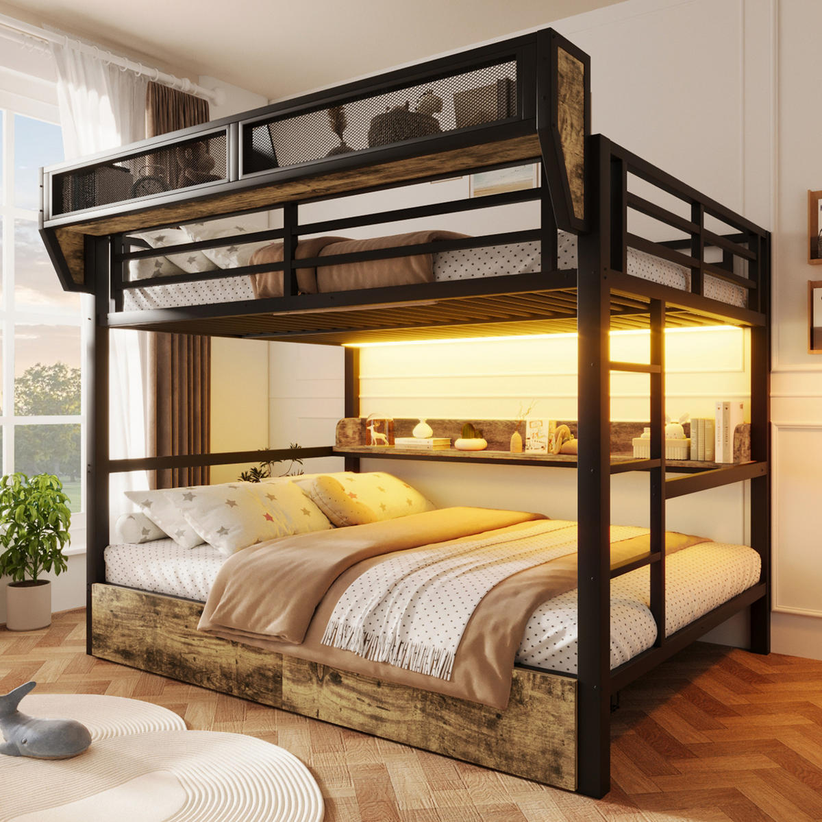 ETAGENBETT 140/200 cm Schwarz mit LED und Stauraum ohne Matratze - Schwarz, Metall (140/200cm) - MIVRAY
