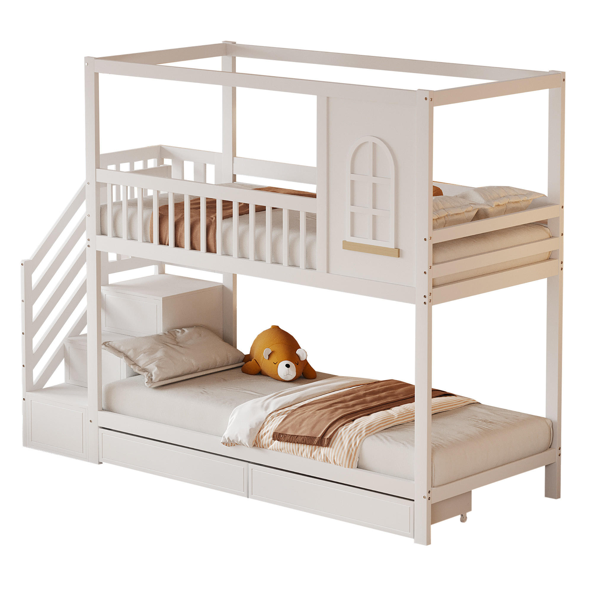 ETAGENBETT 90/200 cm Weiß aus Massivholz mit Stauraum und Haus-Design - Weiß, Holz (90/200cm) - Flora Grace