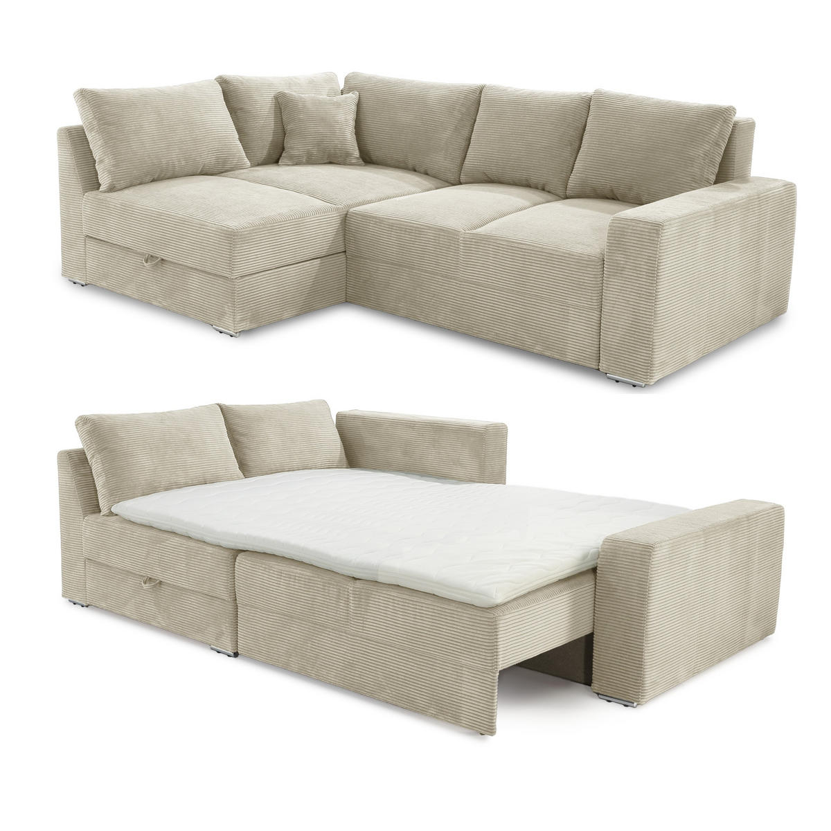 ECKSOFA-DAUERSCHLÄFER Boxspring Federkern Topper Bettkasten, seitenverkehrt montierbar B260/T181/H88 cm, Cord Beige Grau / 15235 - Chromfarben/Greige, Textil/Metall (260/181cm) - luma-home