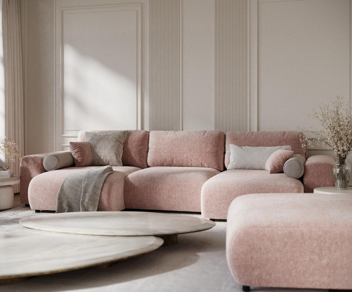 PANORAMASOFA Zanzibar Rosa Chenille - Schwarz/Rosa, Holz/Holzwerkstoff (325/79/144cm) - Maison de Reve