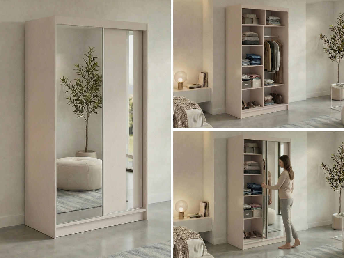 SCHWEBETÜRENSCHRANK 120 - GRECJA - Kaschmir mit Spiegel - Kaschmir/Alufarben, Holzwerkstoff/Metall (120/216/61cm) - MKS