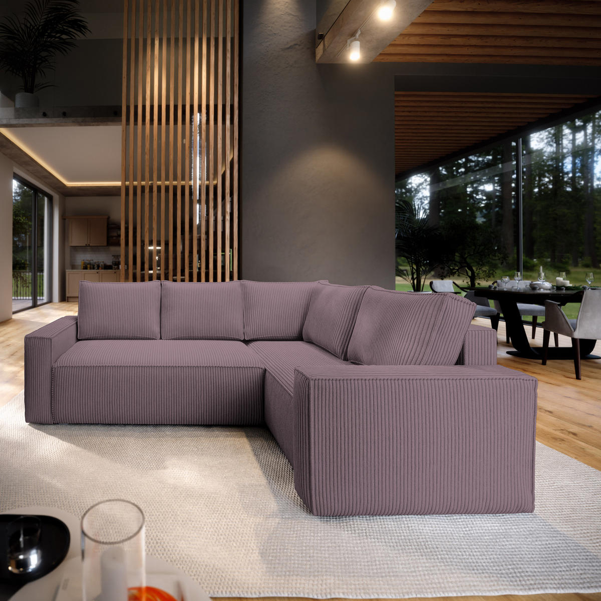 ECKSOFA ESTANO R-S Lila Kordstoff mit Schlaffunktion - Lila, Holz (230/158cm) - MASSENO