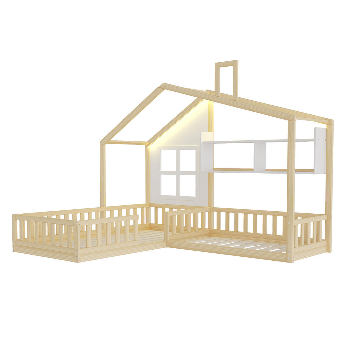 KINDERBETT 90/200 cm aus Holzwerkstoff mit LED, Regalen und Sicherheitsgitter im Hausdesign, Natur/Weiß - Naturfarben, Holzwerkstoff (90/200cm) - Redom