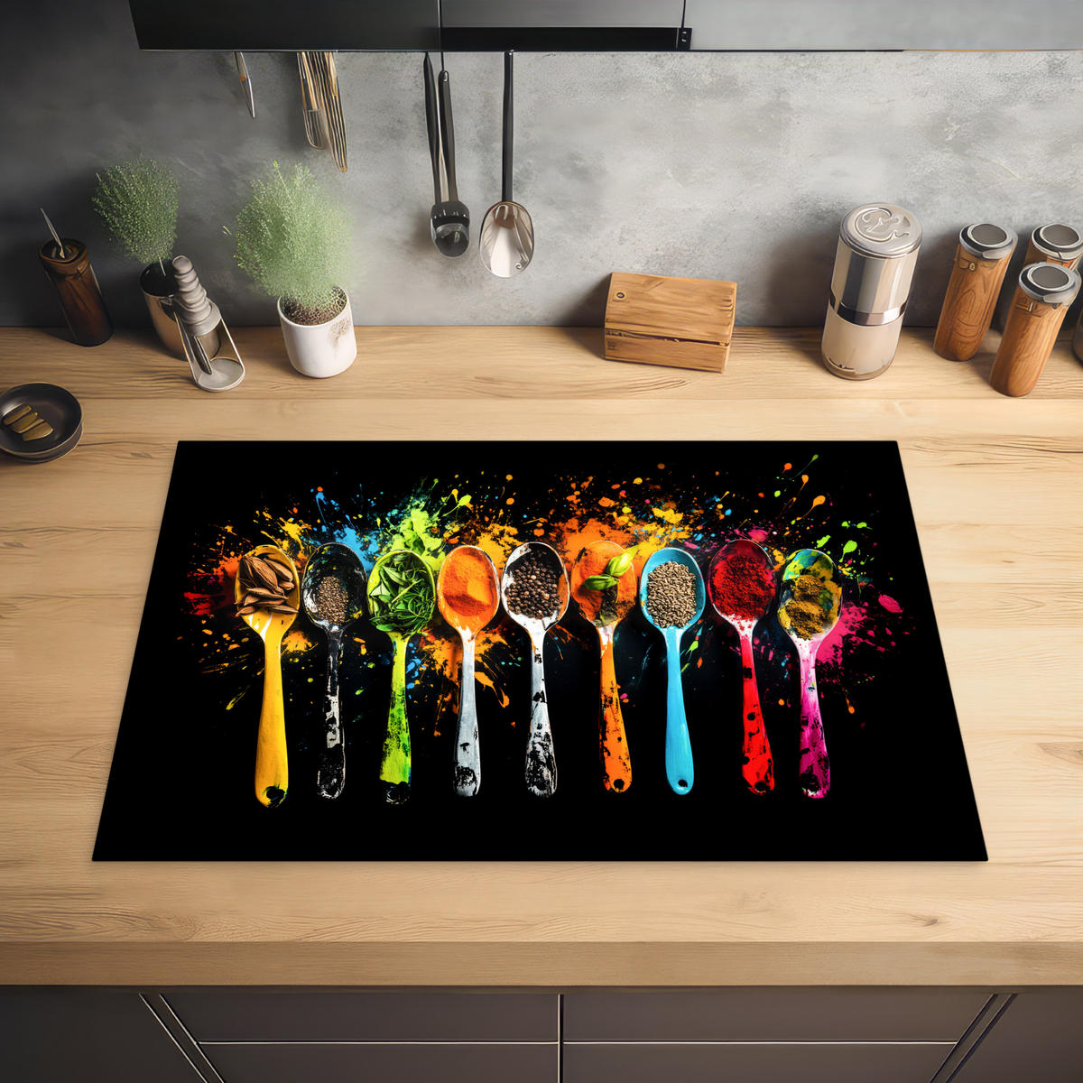 HERABDECKPLATTE - Löffel - Gewürze - Modern - Graffiti - Farbe - Farbenfroh - 74x48 - Multicolor, Kunststoff (74/48/0.2cm) - MuchoWow