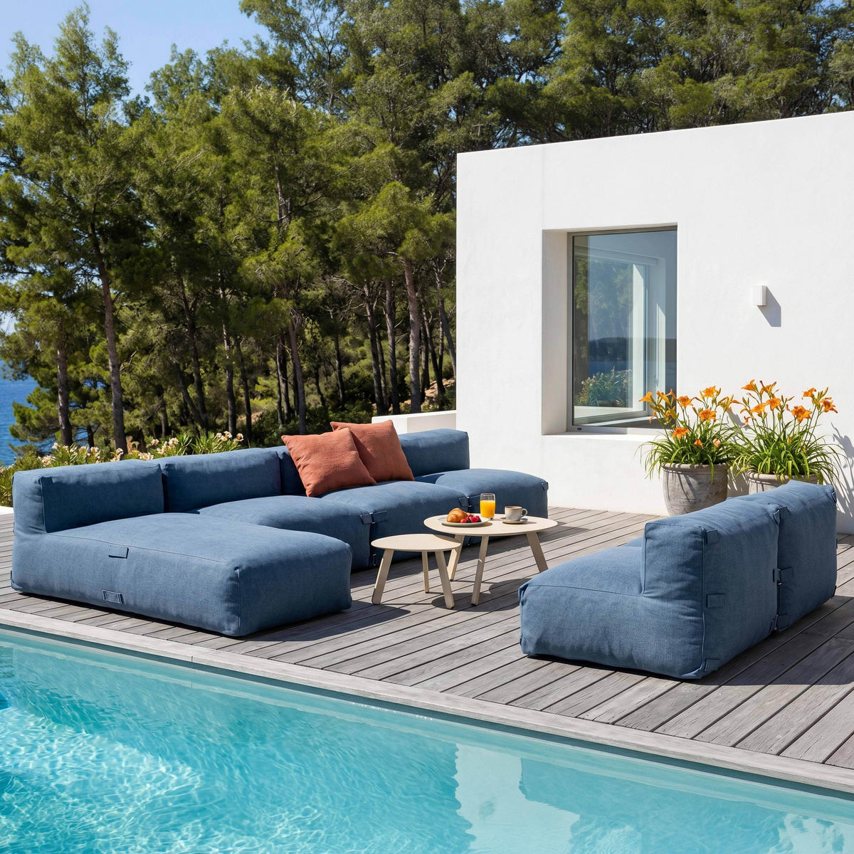 GARTENSOFA mit 6 Sitzplätzen, Pazifikblau - Blau, Textil - Oviala