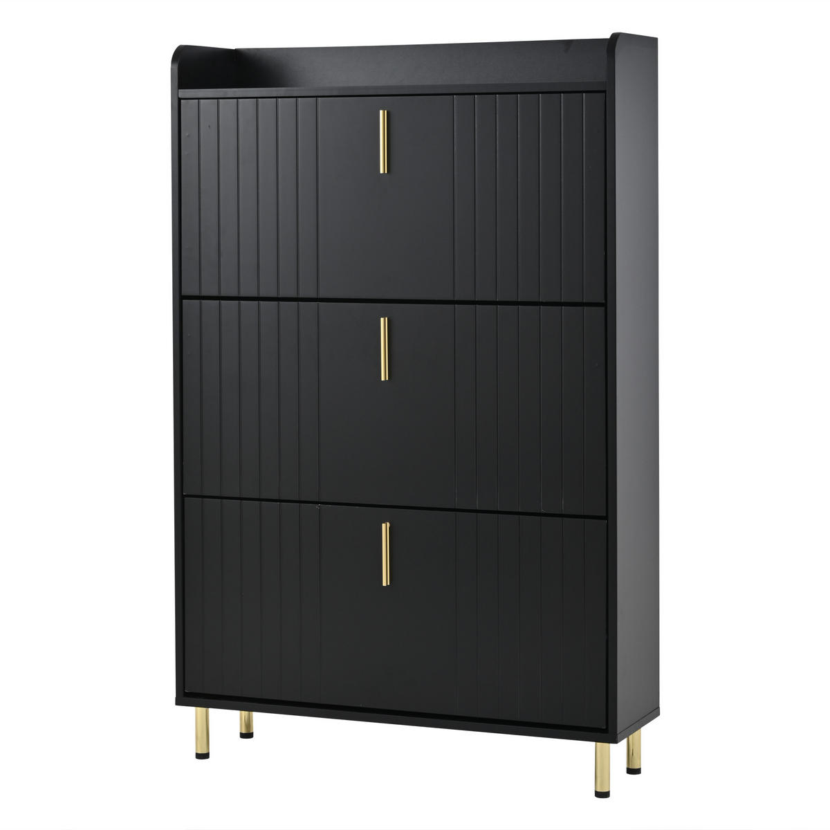 SCHUHSCHRANK mit 3 Klappen 80/23,5/123,5 cm in Schwarz mit goldfarbenen Details - Schwarz, Holzwerkstoff (80/123.5/23.5cm) - BEAOK