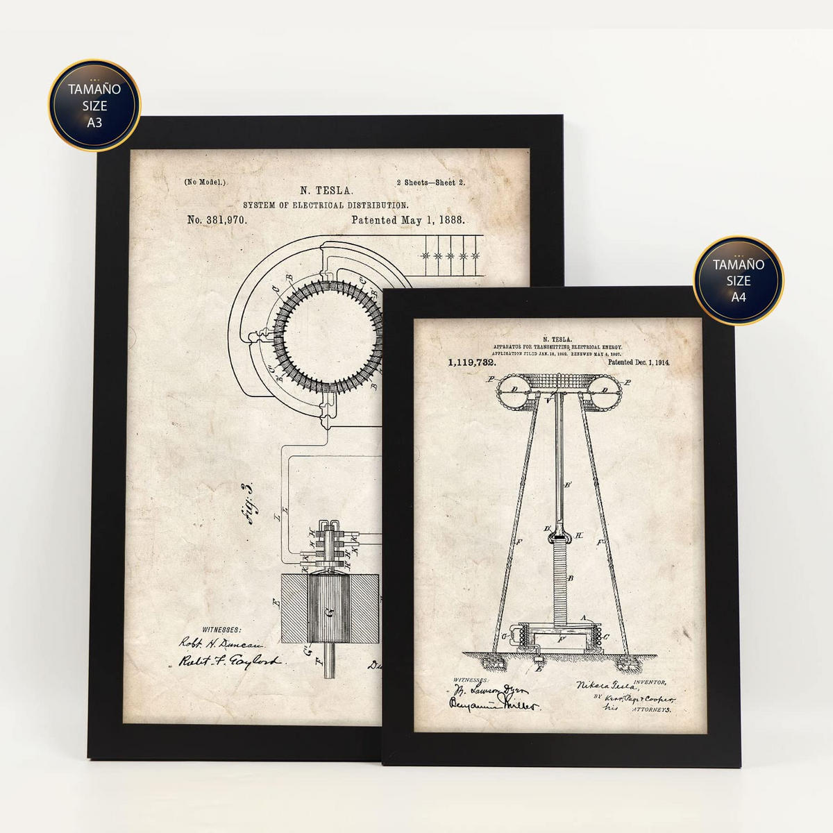 POSTER Set Mit 6 Plakaten Mit Strom 2 Patenten Im Vintage Stil A3 & A4 Schwarzer Rahmen - Schwarz, Papier (29/3cm) - Nacnic