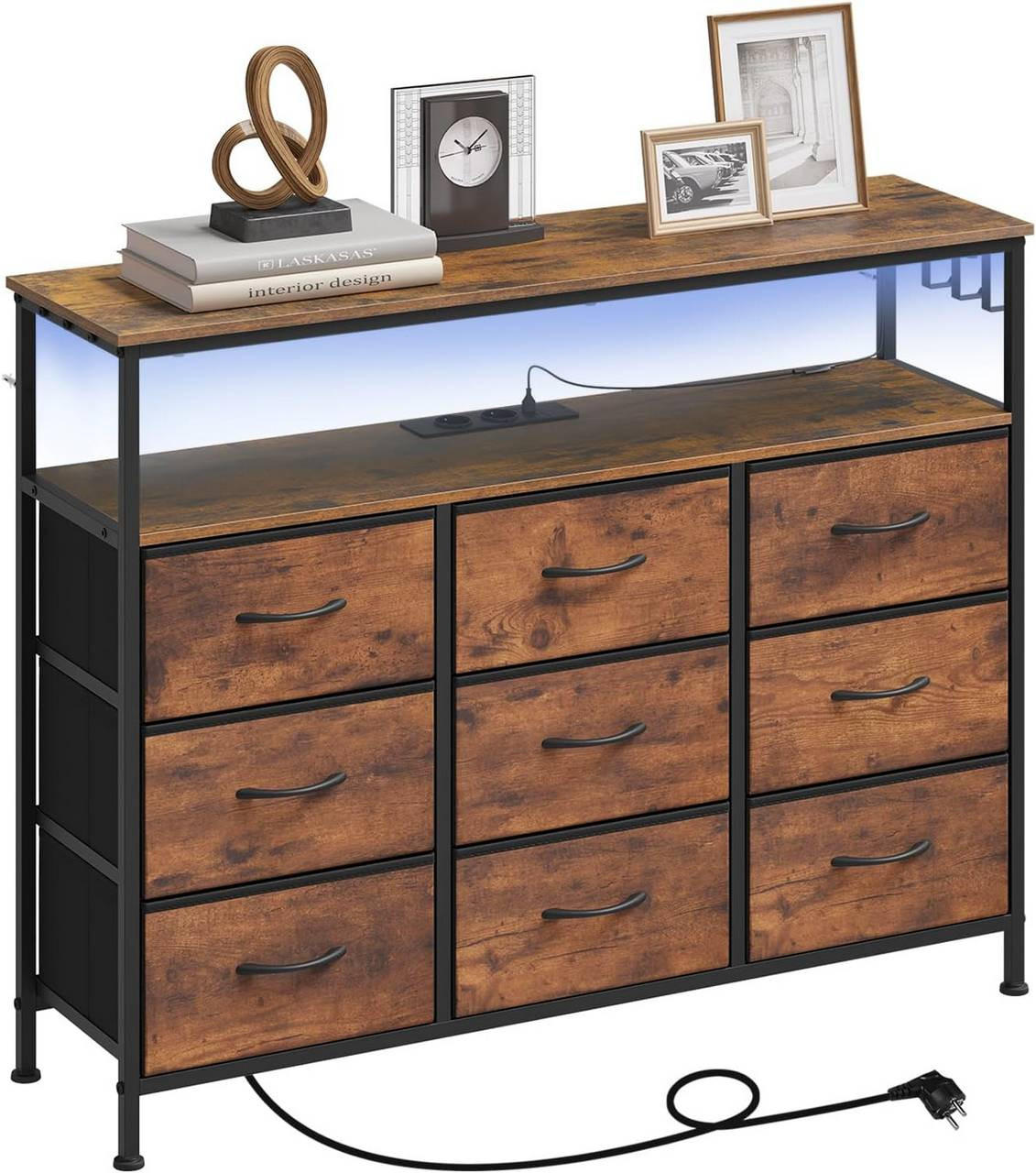 KOMMODE mit 9 Schubladen, LED, Steckdosen, Rustikales Braun - Dunkelbraun/Schwarz, Holzwerkstoff/Textil (110/85/30cm) - Woltu