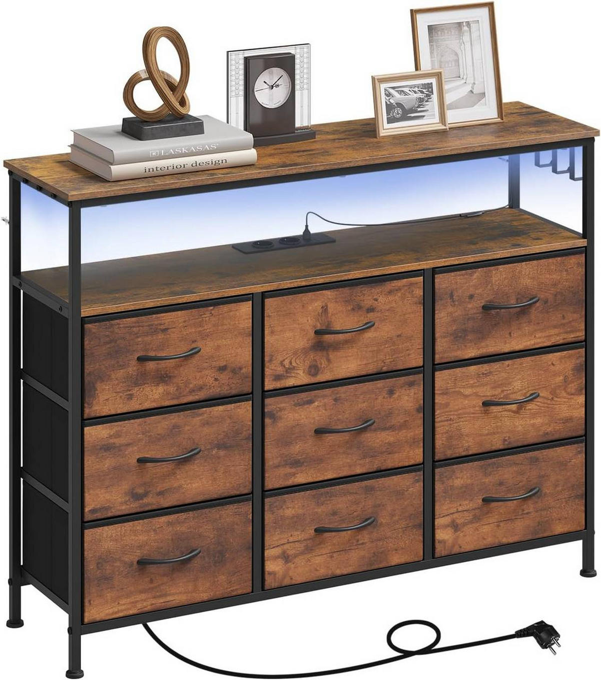 KOMMODE mit 9 Schubladen, LED, Steckdosen, Rustikales Braun - Dunkelbraun/Schwarz, Holzwerkstoff/Textil (110/85/30cm) - Woltu