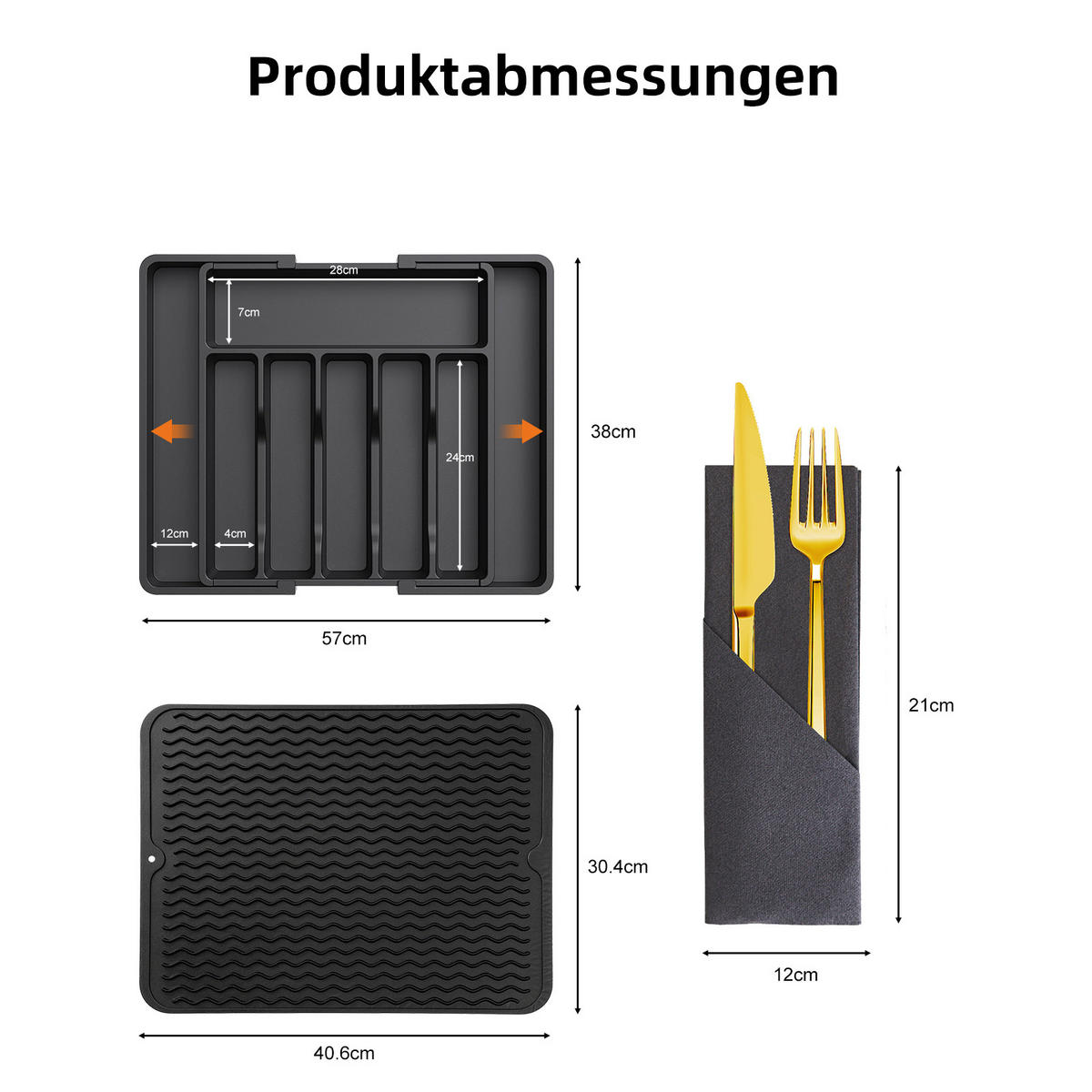 BESTECK Organizer Schublade ausziehbar 3-teilig Küchen Ordnungssystem Set - Schwarz, Kunststoff