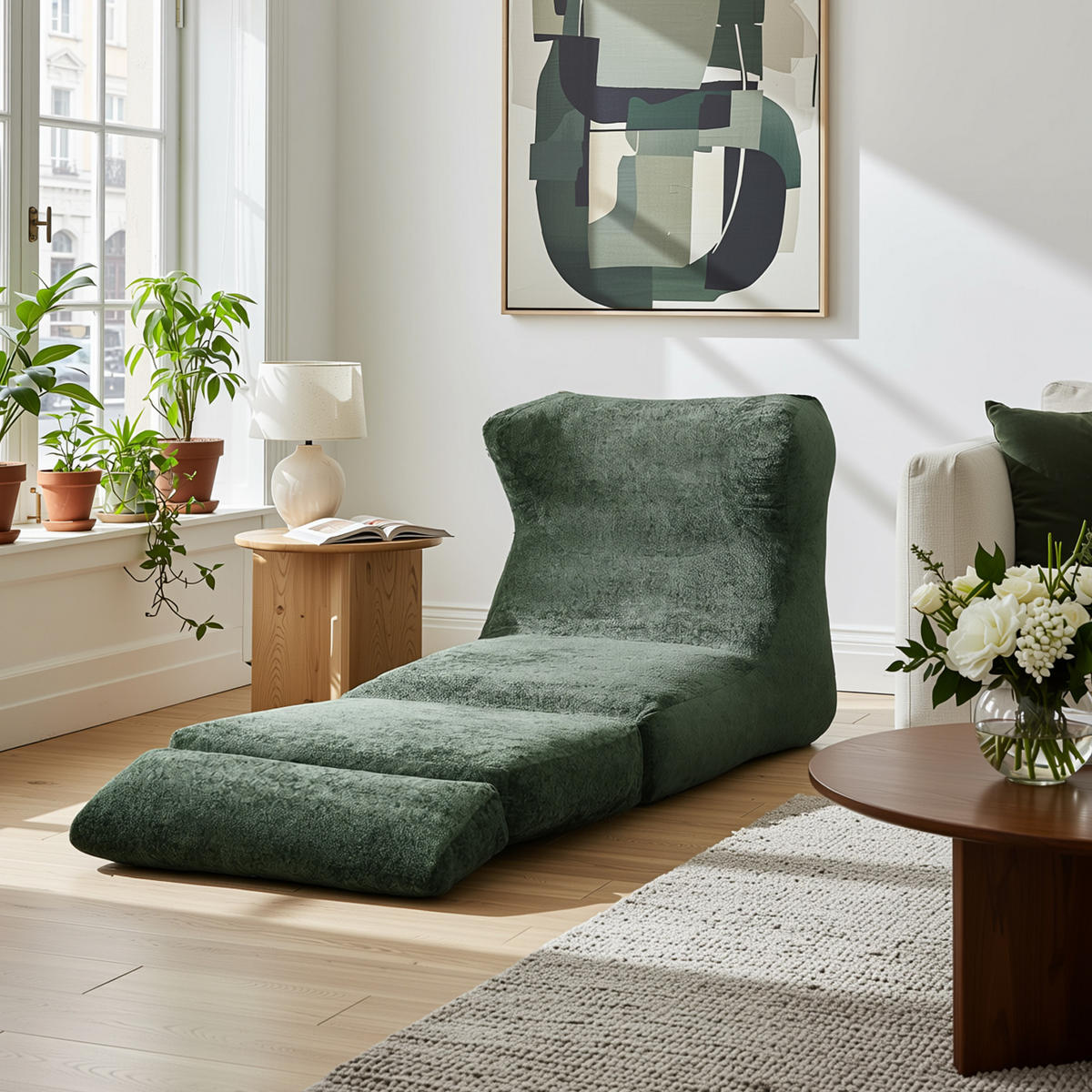 LOUNGE SESSEL Chenille Optik umwandelbar zum Liegestuhl - Grün, Textil (90/86/118cm) - Urban Meuble