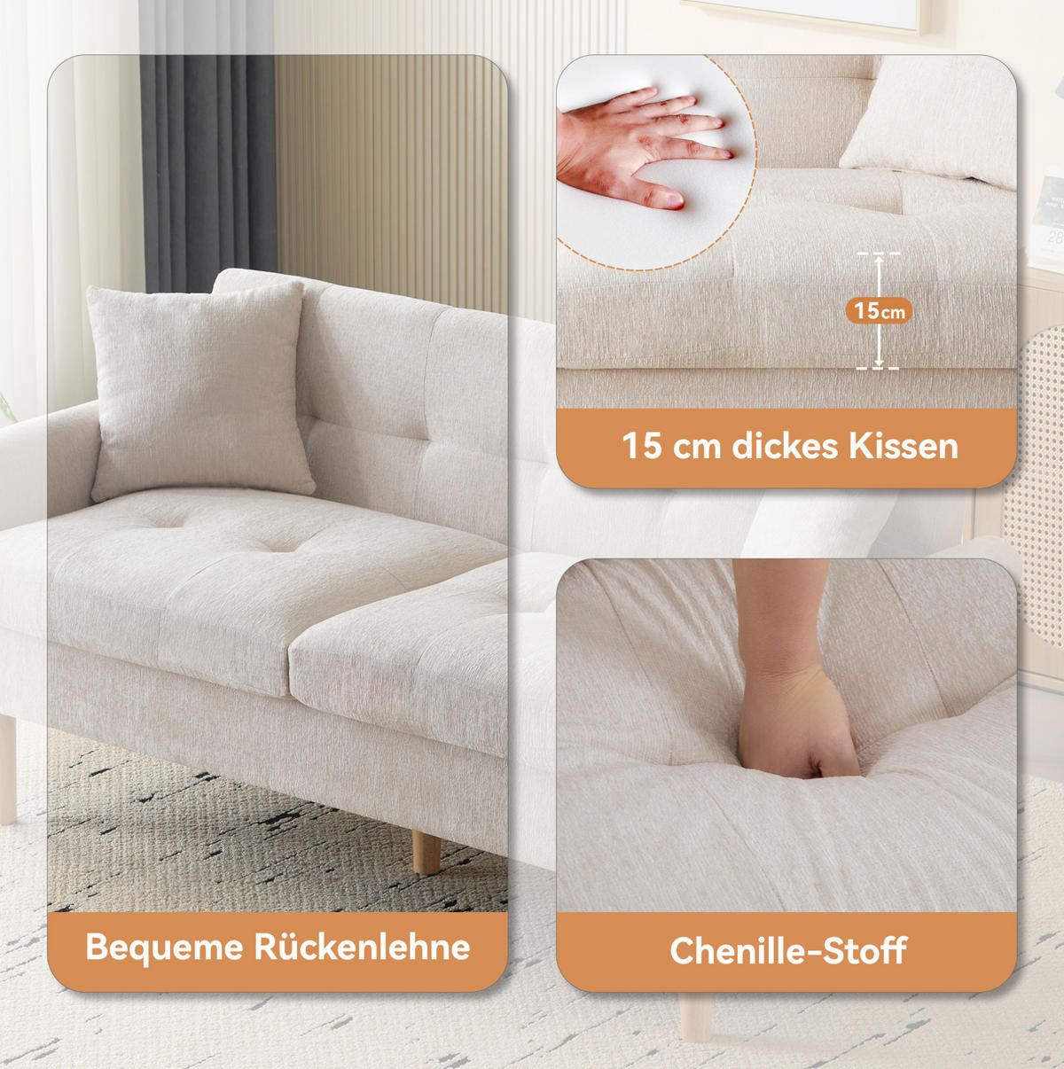 2-SITZER 162/74/77 cm Beige aus Chenille mit 15 cm Sitzkissen - Beige, Textil (74/77/162cm) - OKMYHOME