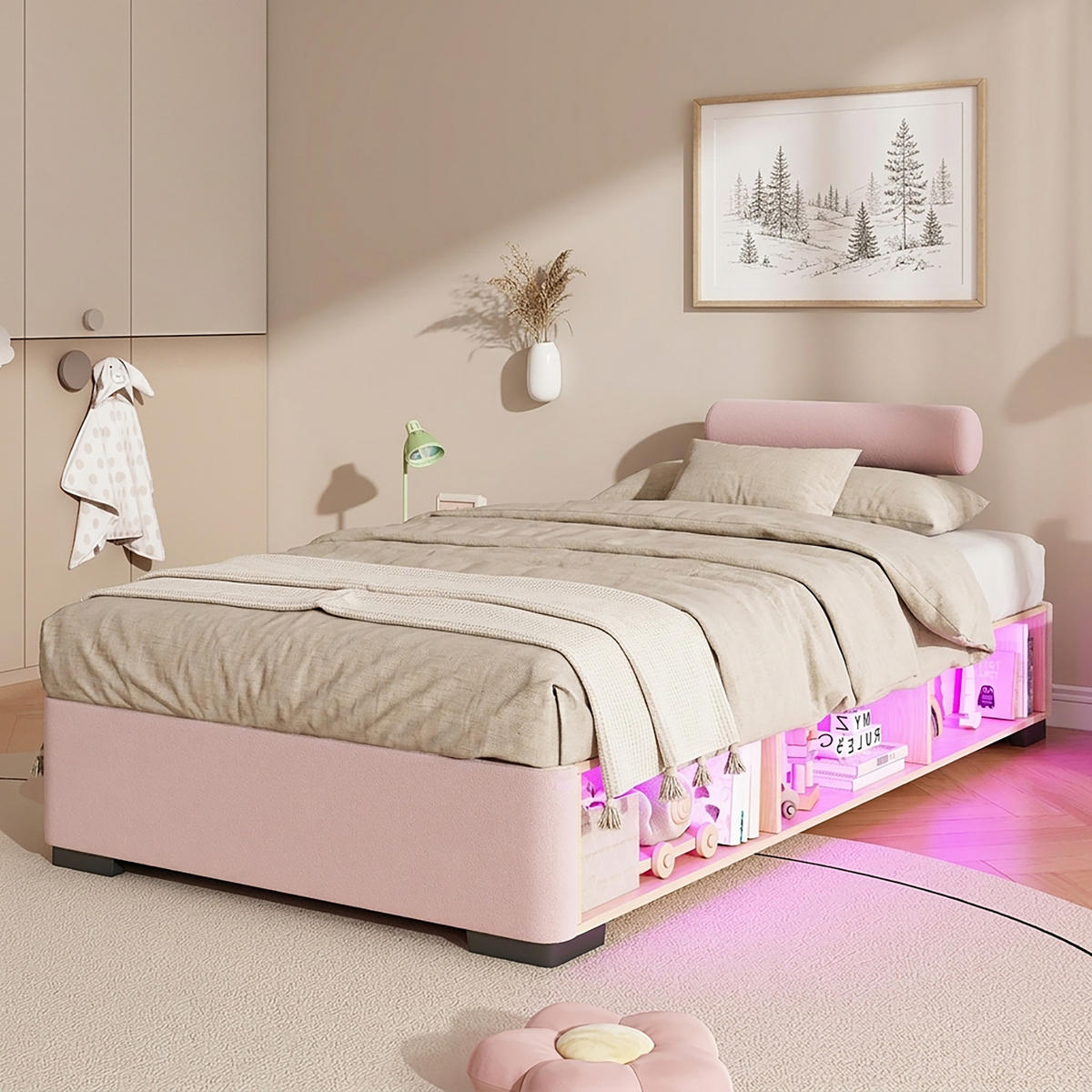 POLSTERBETT 90/200 mit LED-Seitenregal, offenem Stauraum und 3-seitig montierbaren Kopfstützen in Rosa - Rosa, Holzwerkstoff/Textil - EVRYAE