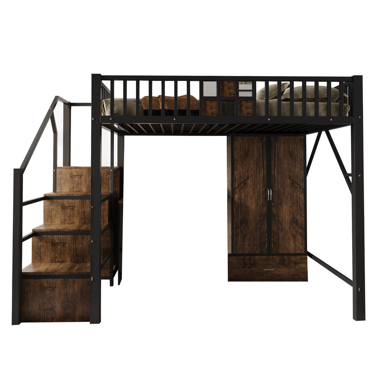 HOCHBETT 140/200 cm, Schwarz mit Kleiderschrank und Stauraum - Schwarz, Metall (140/200cm) - MIVRAY