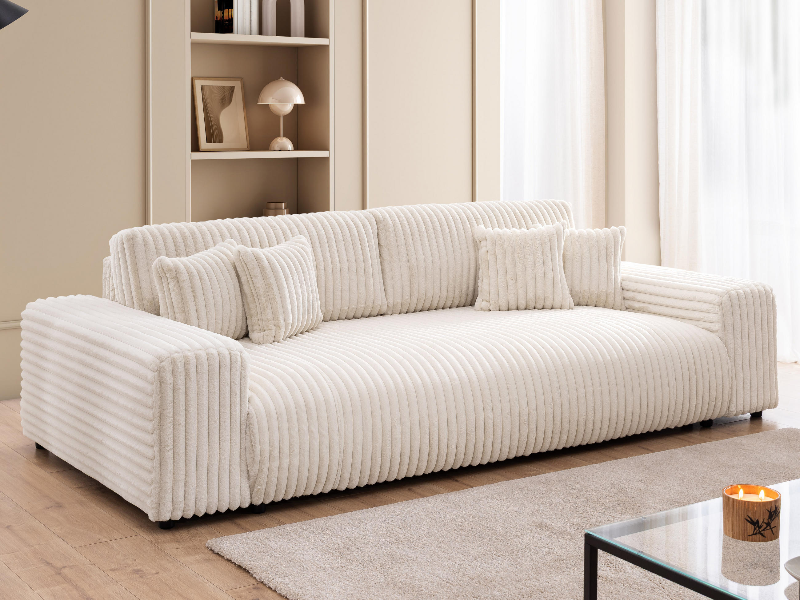 BIGSOFA Mollis Hellbeige Plüschcord mit Schlaffunktion - Beige/Schwarz, Holz/Kunststoff (260/77/124cm) - S-Style Möbel