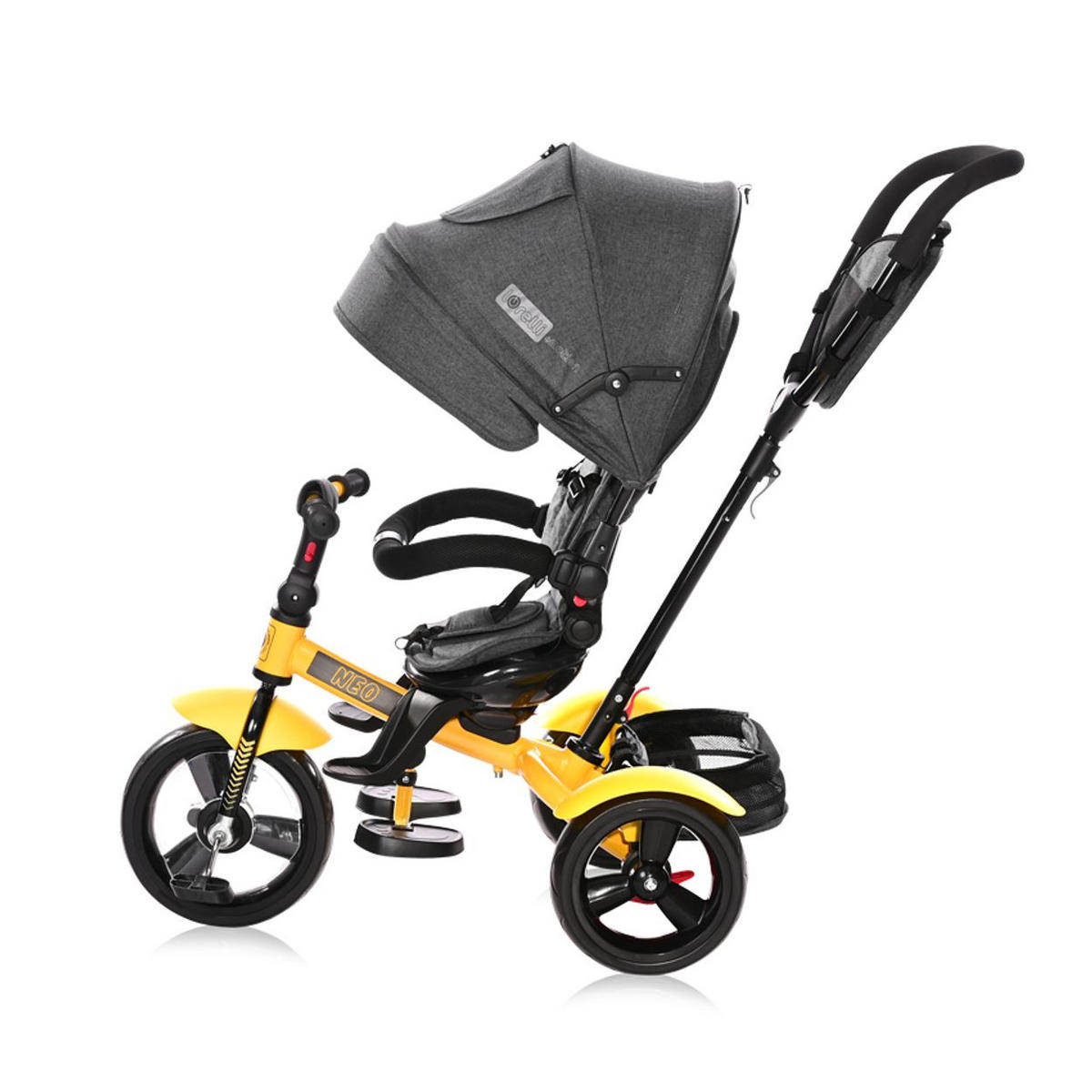 DREIRAD Neo 4 in 1 gelb EVA-Reifen, Schiebestange, Sitz drehbar, verstellbar - Gelb, Metall (120/55/104cm) - Lorelli