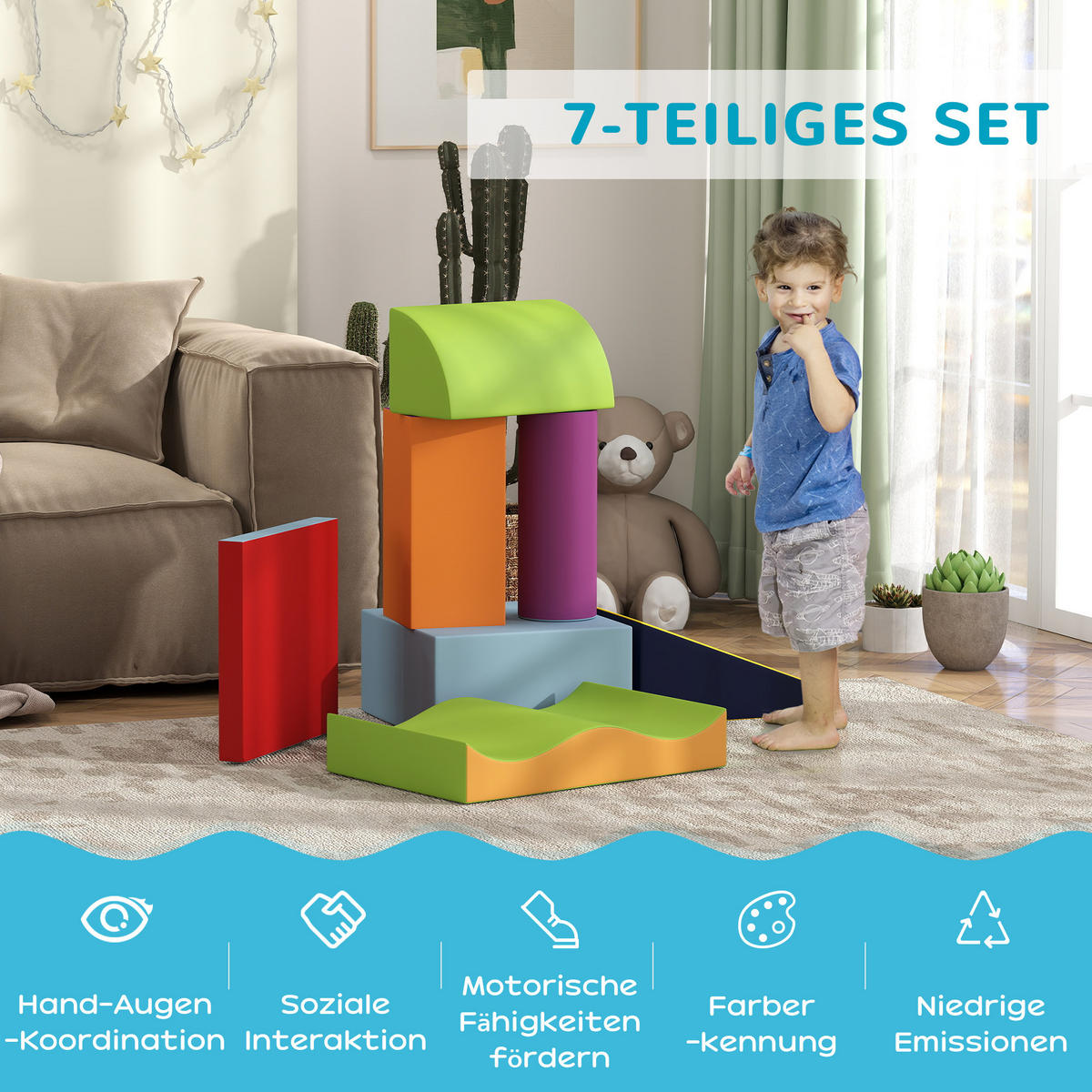 BAUSTEINSET 7er-Set Schaumstoff Bausteine Bauspielzeug für 1-3 Jahre alt Kinder - Multicolor, Kunststoff (40/11/60cm) - HOMCOM