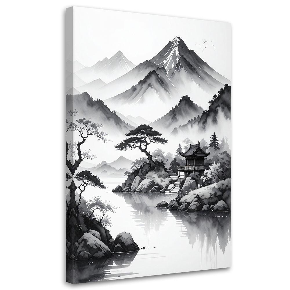 LEINWANDBILD Japanische Landschaft gemalt mit Tinte 60x90cm - Schwarz, Textil (60/90cm) - Feeby